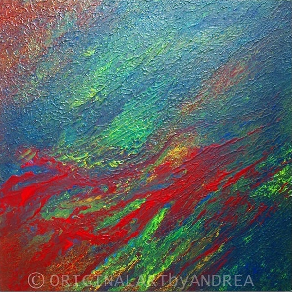 Acrylic Painting Abstract Canvas Art Original Contemporary Art Textured Landscape Blue Green Red Canvas Wall Art 24x24x1,5 60cmx60cmx3,6cm