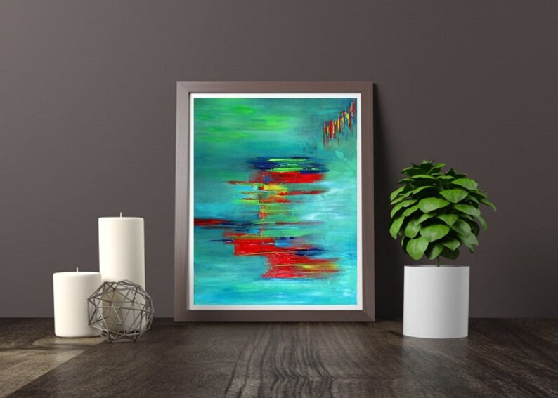 Abstract Art Turquoise Giclee Canvas Print Acrylic Paintings Colourful Landscapes Contemporary Art Teal Red Wall Art Home Decor Prints Gifts image 6