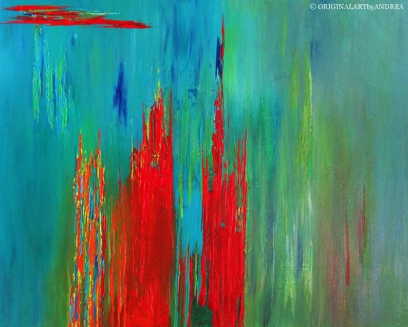 Abstract Landscape Teal Canvas Art Turquoise Red Paintings PRINTS WALL ART Home Decor Unique Gifts Prints Giclee Painting Colorful Abstract image 1