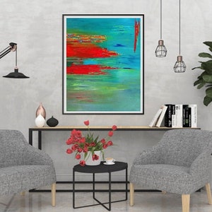 Abstract Landscape Teal Canvas Art Turquoise Red Paintings PRINTS WALL ART Home Decor Unique Gifts Prints Giclee Painting Colorful Abstract image 3