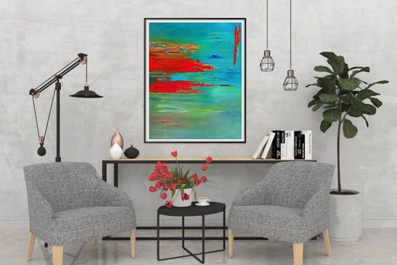 Abstract Landscape Teal Canvas Art Turquoise Red Paintings PRINTS WALL ART Home Decor Unique Gifts Prints Giclee Painting Colorful Abstract image 3