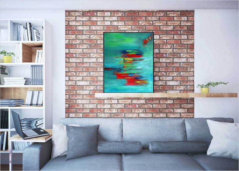 Abstract Art Turquoise Giclee Canvas Print Acrylic Paintings Colourful Landscapes Contemporary Art Teal Red Wall Art Home Decor Prints Gifts image 4