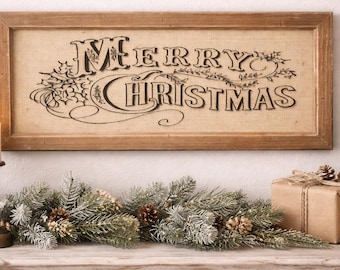 Rustic Merry Christmas Sign, Farmhouse Holiday Wall Decor, Burlap Style Framed Art
