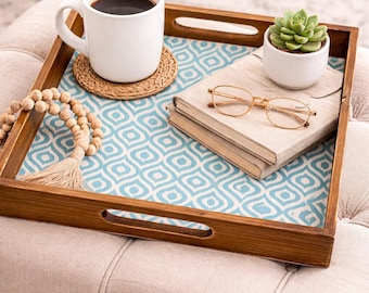 Wood Serving Tray with Turquoise Geometric Pattern – Farmhouse Boho Coffee Table Ottoman Tray