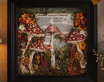 Lighted Mushroom Shadow Box, Woodland Fairy Wall Art, Botanical Nature Decor