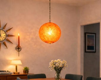 Vintage 1970s Orange Spaghetti Swag Lamp Mid Century Modern Hanging Light Amber Globe Plug In Pendant Retro Lighting