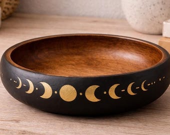 Bol de madera negra con fases lunares doradas, plato multiusos, joyero, decoración rústica para el hogar, regalo para ella o para él, bol para la entrada.