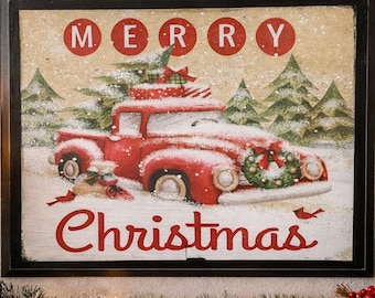 Letrero navideño vintage de camión rojo: decoración de pared invernal de estilo rústico.
