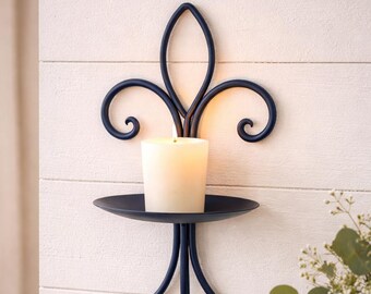 Navy Blue Fleur De Lis Metal Wall Candle Holder Sconce – Rustic Farmhouse Accent