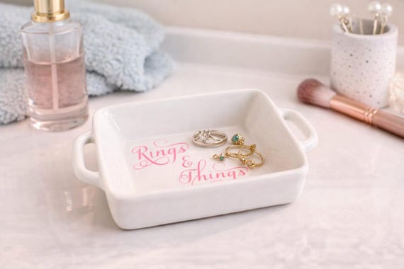 Ceramic Ring Dish, "Rings & Things" Jewelry Tray, Vanity Organizer