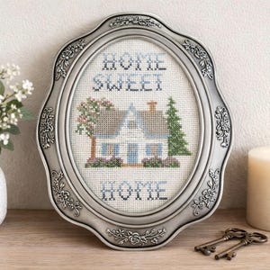Vintage gerahmt Kreuzstich Home Sweet Home Cottage Dekor Blaues Haus Nadelspitze Wandkunst rustikale Bauernhaus Geschenk