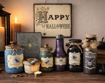 Upcycled Halloween Apothecary Decor Set: Witch Potion Bottles, Spell Book, Haunted Display
