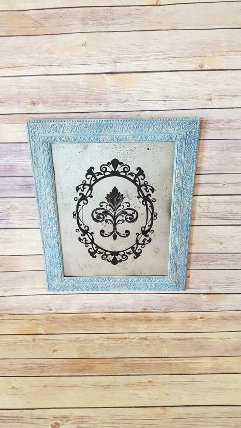 Mercury Glass Wall Mirror Blue Ornate Framed Fleur De Lis Vintage French Country Home Decor Chic