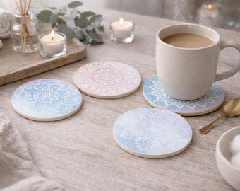 Juego de posavasos Mandala: posavasos bohemios en tonos pastel para la decoración del hogar.