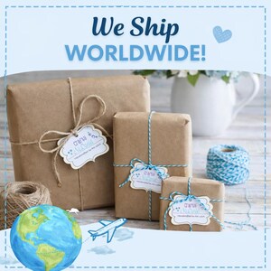 May include: Several wrapped packages tied with twine and blue string, with tags that read "Crafty McDavid". A globe and airplane graphic are in the foreground, with the text "We Ship WORLDWIDE!" in blue.