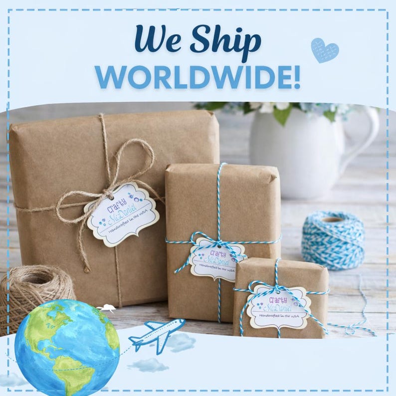 May include: Several wrapped packages tied with twine and blue string, with tags that read "Crafty McDavid". A globe and airplane graphic are in the foreground, with the text "We Ship WORLDWIDE!" in blue.