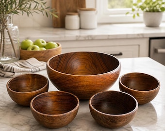 Vintage Wooden Bowl Set Monkey Pod Wood Large Serving Bowl With 4 Small Bowls Rustic Farmhouse Kitchen Decor