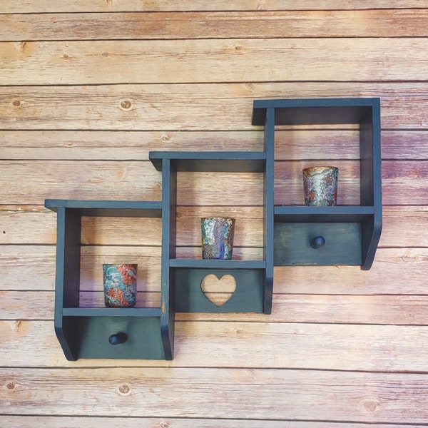 Navy Blue Wood Wall Display Shelf Shadow Box Americana Farmhouse Chic Cottage Home Decor Up-Cycled Eco-Friendly Gift For Her READY TO SHIP