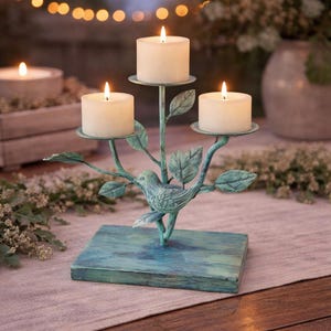 Rustic Bird Candle Holder: Distressed Blue Branch Table Decor