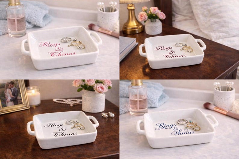 May include: A white square ceramic dish with handles, holding rings and other jewelry. The dish has the words "Rings & Things" in a script font. The jewelry includes silver and gold rings.