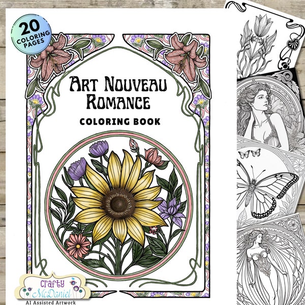 Art Nouveau Romance Coloring Book Women Flowers Butterfly Moth Stained Glass Flowing Hair All Ages Coloring Pages Instant Digital Download