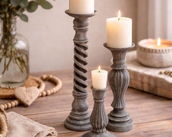 Set of 3 Distressed Gray French Country Candle Holders – Farmhouse Centerpiece Decor