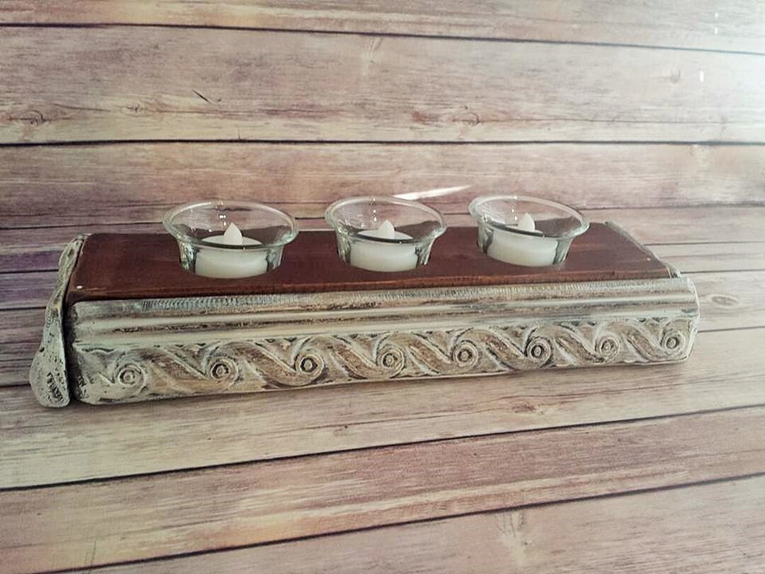 Antique White Wood Candle Holder Rustic Candle Holder Candle Holder