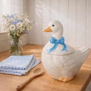 Vintage Goose Cookie Jar Blue Bow Farmhouse Kitchen Decor Cottagecore Storage Container Retro 80s 90s Kitchen Gift