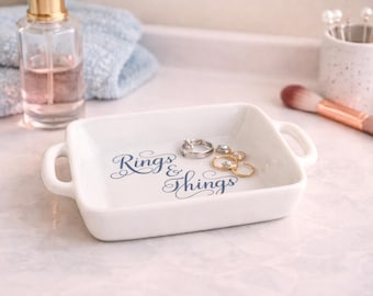 Ceramic Ring Dish, "Rings & Things" Trinket Tray, Vanity Organizer