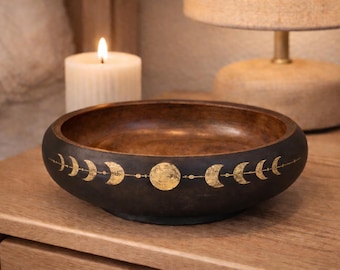 Black Wood Bowl With Gold Moon Phases Catchall Dish Key Bowl Jewelry Holder Rustic Home Decor Gift For Her Him Entryway Bowl