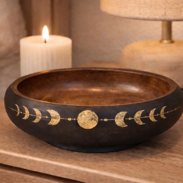 Black Wood Bowl With Gold Moon Phases Catchall Dish Key Bowl Jewelry Holder Rustic Home Decor Gift For Her Him Entryway Bowl