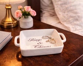 Bandeja de cerámica para anillos, bandeja para joyas "Anillos y otras cosas", organizador de tocador.