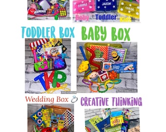 May include: A collage of gift boxes labeled "Kids Box", "Toddler Box", "Baby Box", "Wedding Box", and "Creative Thinking". Each box contains various toys and treats, with some boxes personalized with names.