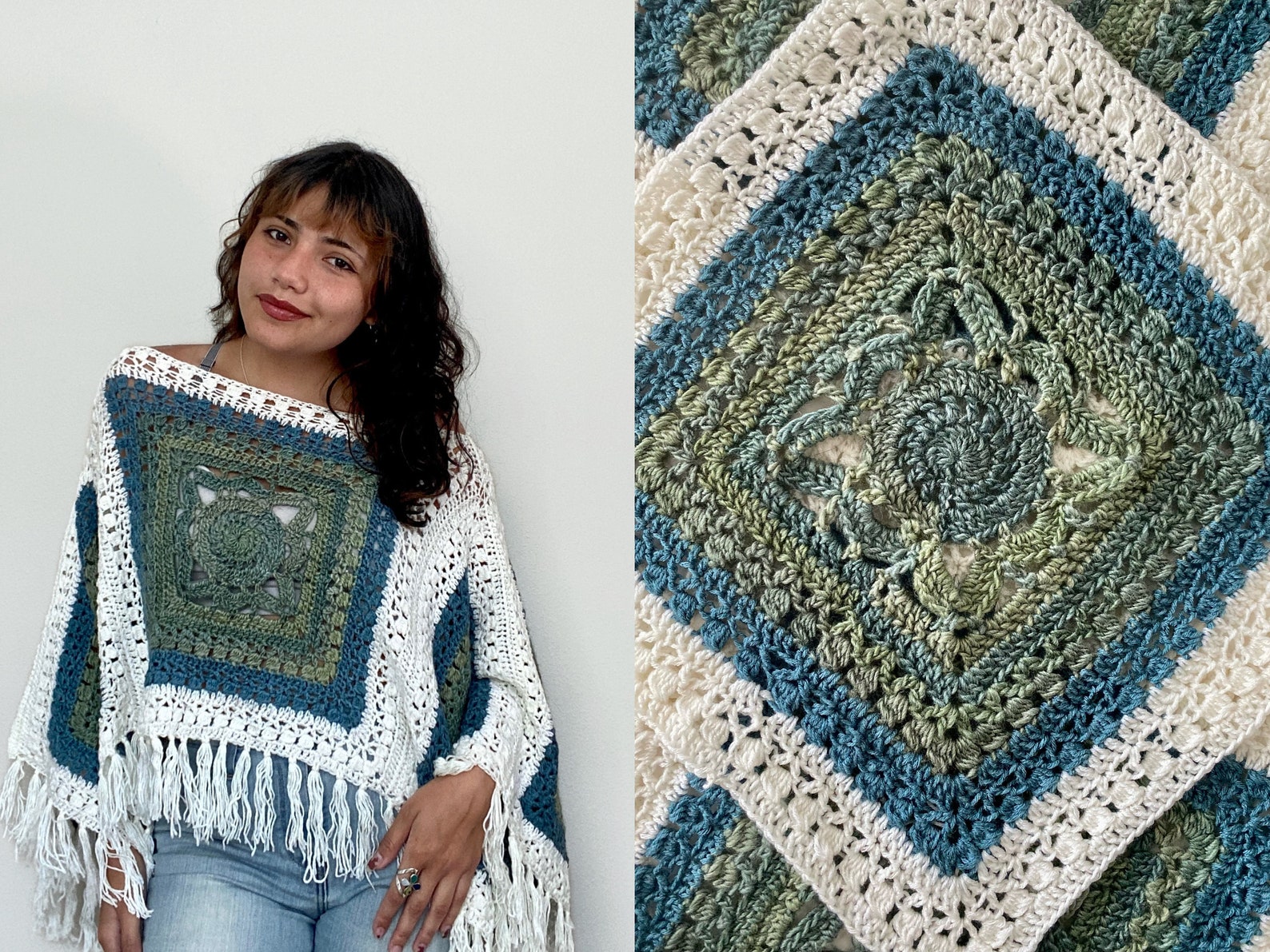 A blue, green and white poncho made from six intricate granny squares. Tassles hang from the bottom.