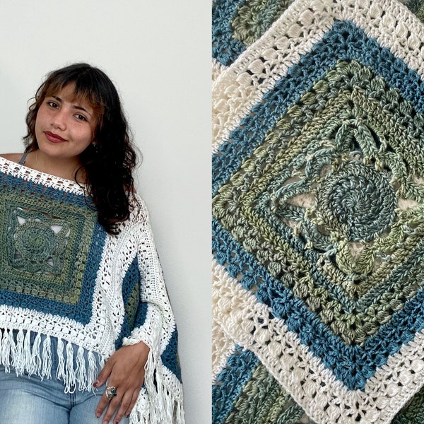 MOTIF// Le poncho Donna - Boho, hippie, haut au crochet, fleurs, points uniques, modèle au crochet