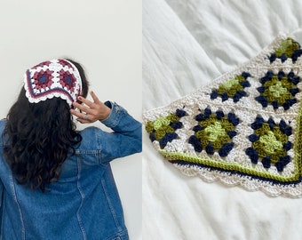 Colorful Handmade Crochet Granny Square Bandana / Frilly, Dainty, Vintage, Cottagecore, Aesthetic