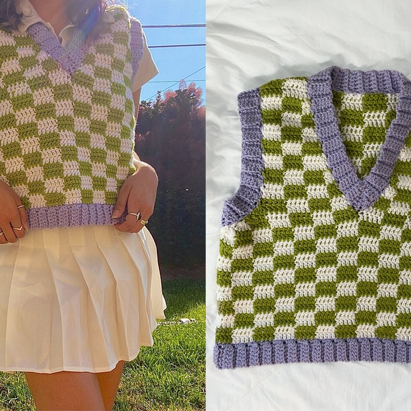 MOTIF // Gilet pull en damier au crochet