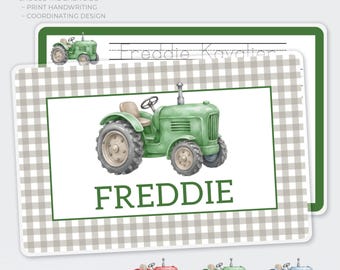 Personalized Laminated Placemat | Reusable Alphabet Handwriting Practice | Educational Placemat for Boy: Tractor