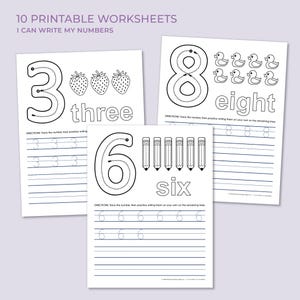 May include: Ten printable worksheets titled I CAN WRITE MY NUMBERS featuring black and white outlines of numbers three, six, and eight. Each page includes directional arrows for tracing, corresponding illustrations of strawberries, pencils, and ducks.
