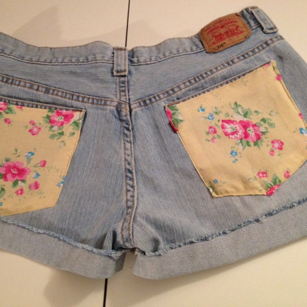 Levis Size 14 Custom Floral Cut-offs/folded cuff/festival/floral pockets/shorts/denim