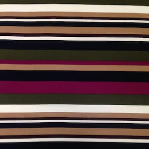 May include: Striped fabric with alternating bands of white, brown, black, dark green, and burgundy.