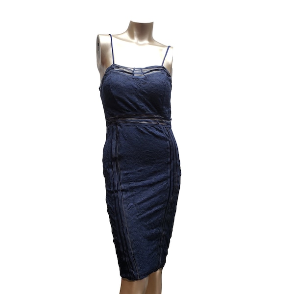 Dark Navy-Blue Cocktail Stretch Midi-Dress with Mesh- S, M & L