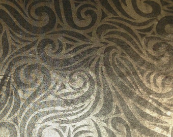 Gold Big Swirls Foil Pattern on Black Stretch Semi-Sheer Lightweight Polyester Spandex Fabric-Closeout, No Returns, No Refund