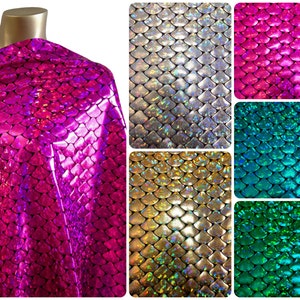 Shiny Holographic Foil Mermaid Scales Pattern on Black Stretch Nylon Spandex Shiny Tricot Fabric - 58 to 60 Inches Wide - By the Yard