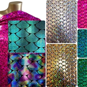 Shiny Holographic Foil Mermaid Scales Pattern on Black Stretch Nylon Spandex Shiny Tricot Fabric - 58 to 60 Inches Wide - By the Yard