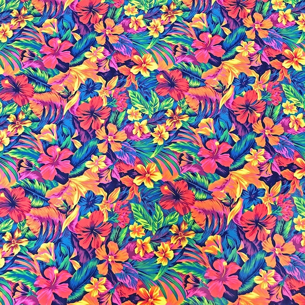 Nylon Spandex medium Weight 4 ways Stretch Neon Tropical Floral Design