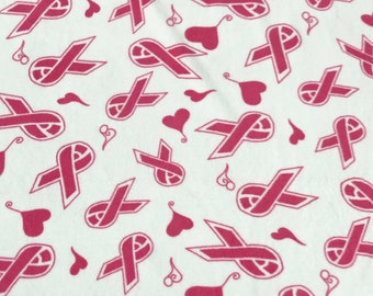 Beautiful pink breast cancer awareness ribbons design on white cozy Fleece Fabric by the Yard | Fabric For Us |