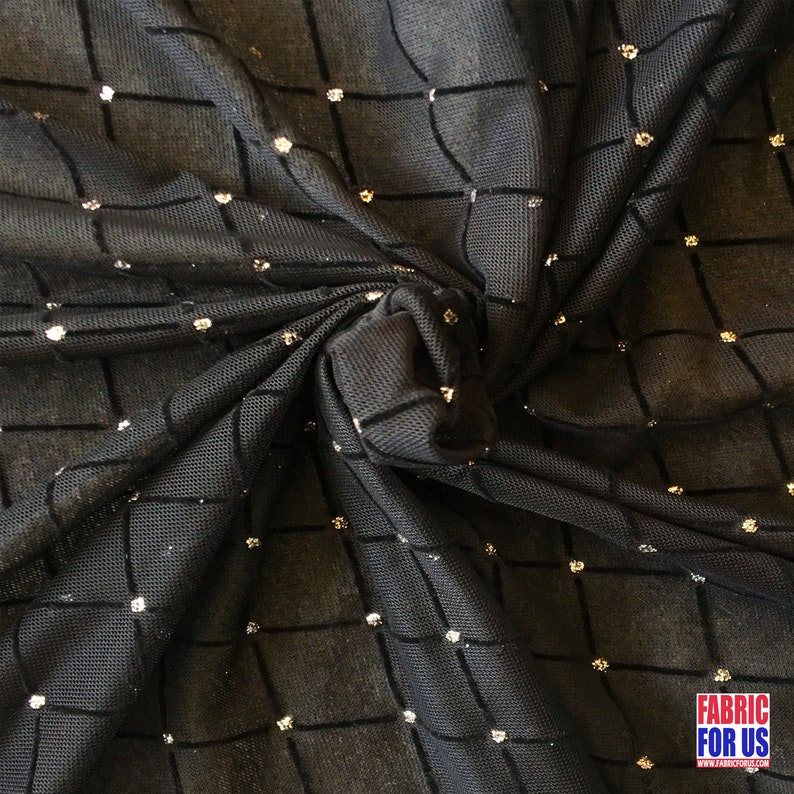 Diamond Design Flocking Mesh W/ Silver Glitter Stretch Fabric Black 64 ...
