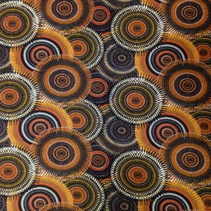 May include: A seamless pattern featuring a repeating design of concentric circles in shades of brown, orange, and white. The circles have a radial pattern and create a hypnotic effect.