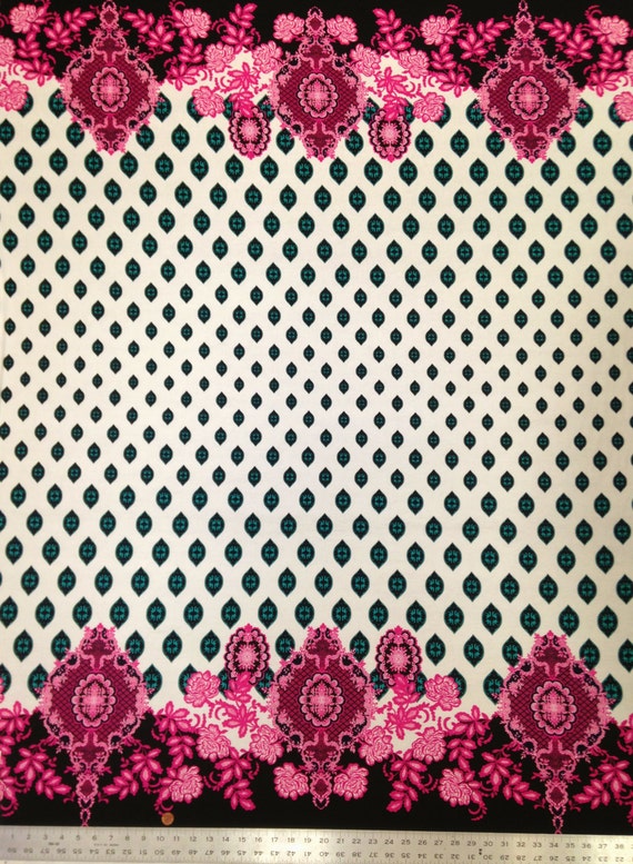 Big Floral Ogee Bordered Pattern on Stretch Bulgari Knit Jersey Polyester Spandex Fabric - 58 to 60 Inches Wide - By the Yard or Bulk